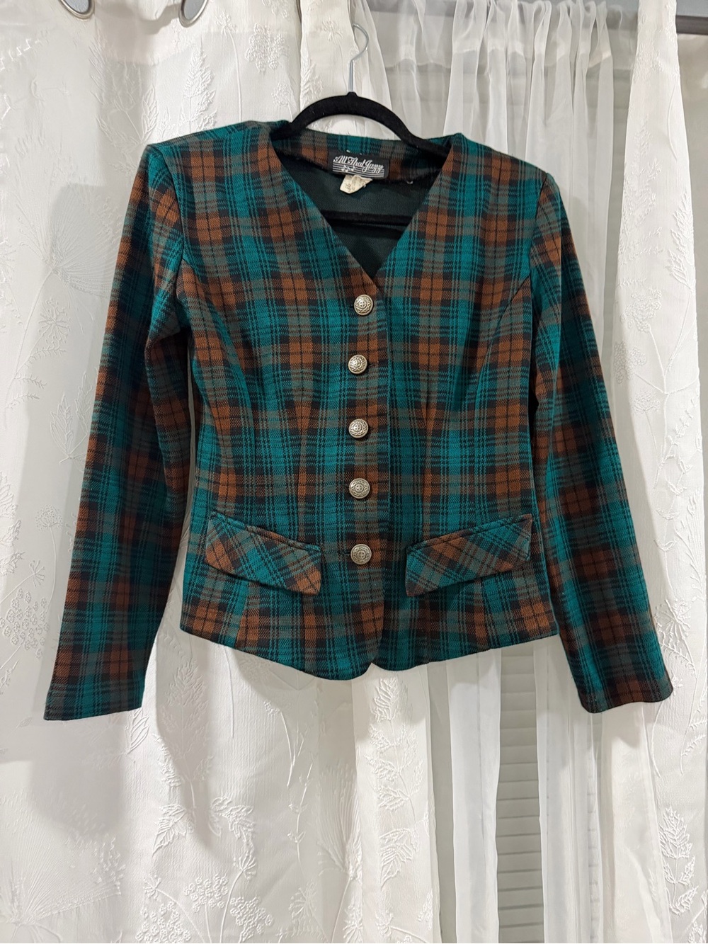 All That Jazz Teal and Brown Plaid Blazer